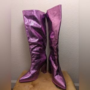 Asos metallic purple croc heeled knee boots